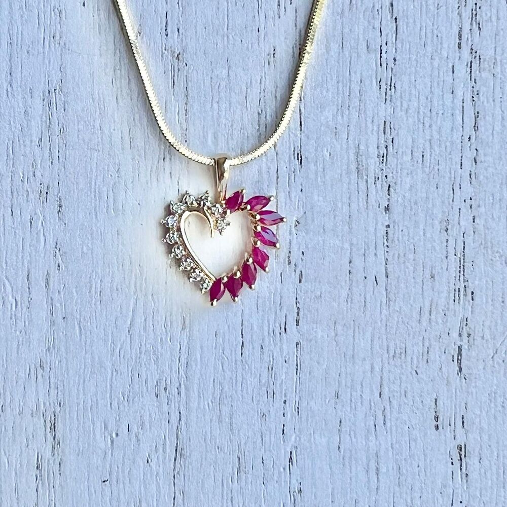 Open Heart Ruby and Diamond Pendant, Vintage 10K Gold Heart Birthstone Jewelry